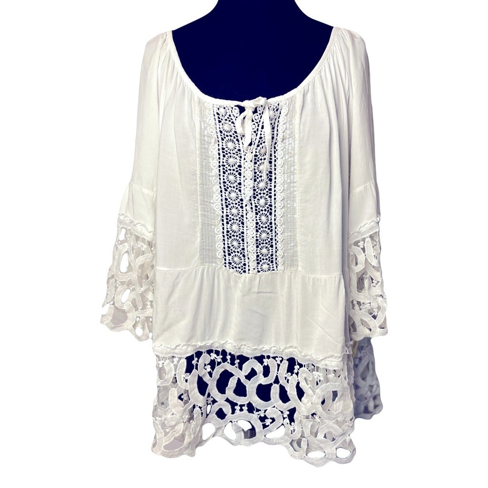 Sandra Fellini | White Boho Gauzy Guipure Lace Sequin Tunic Blouse, Large